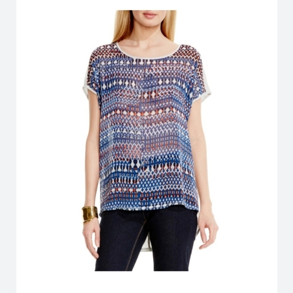 Vince Camuto Blue White Geometric Boho Print Sheer Short Sleeve Top 2X - Picture 1 of 6